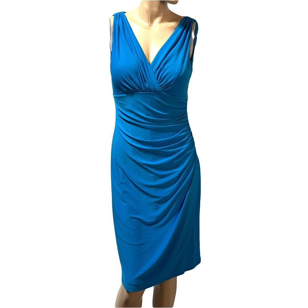 Lauren Ralph Lauren Sheath Dress Sleeveless Size 8 Blue Ruched Faux Wrap NWT